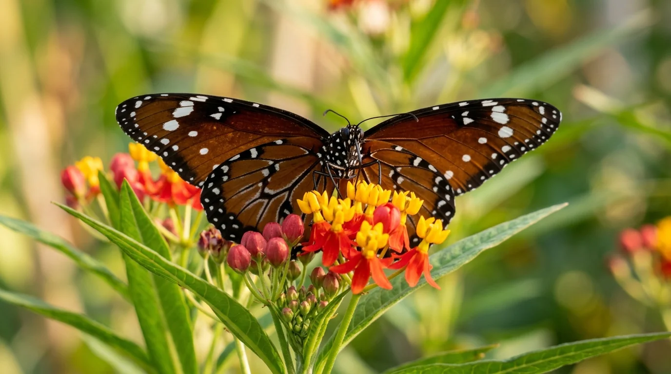 Queen butterfly with dark chestnut-brown wings and white spots feeding on milkweed flowers