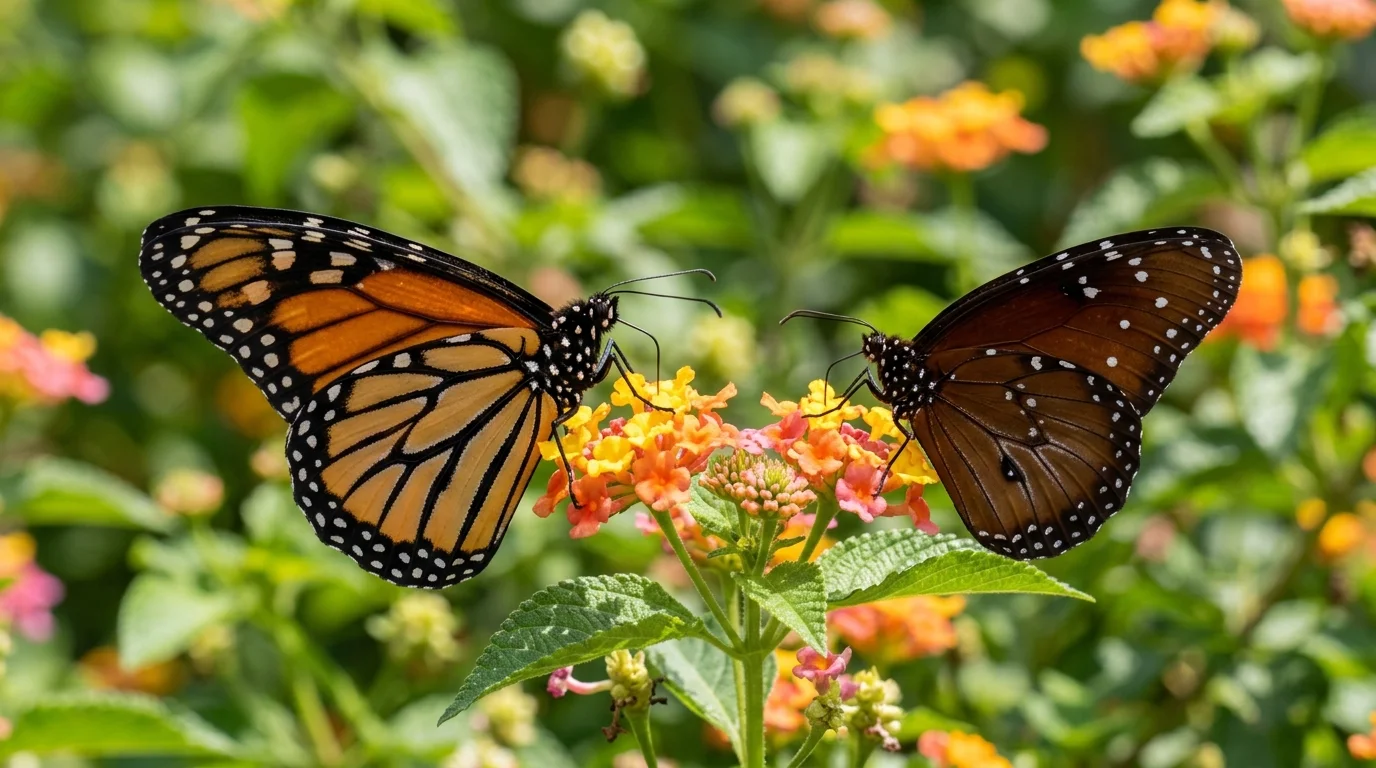 Side-by-side comparison of a queen butterfly and monarch butterfly showing differences in wing color and vein patterns