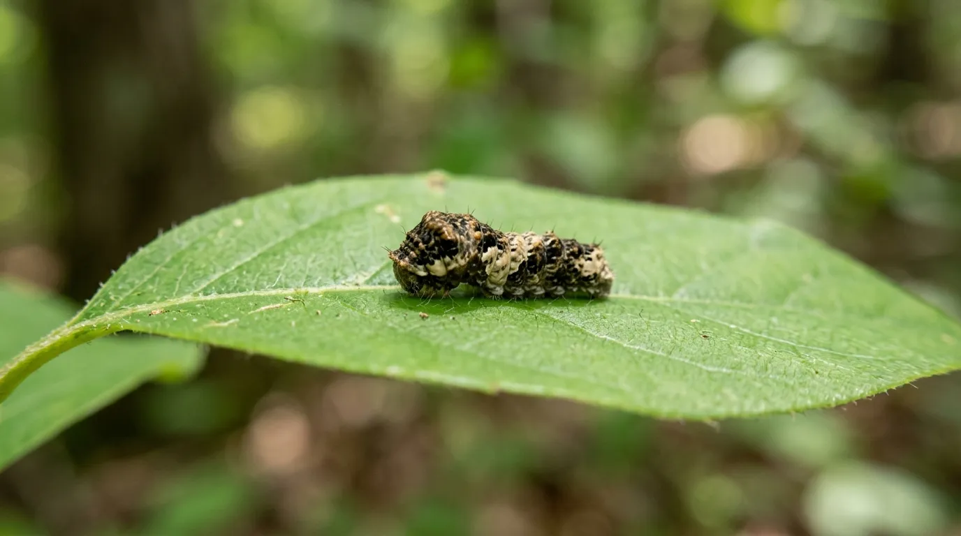 Early instar spicebush swallowtail caterpillar in brown bird-dropping mimic phase resting on a leaf