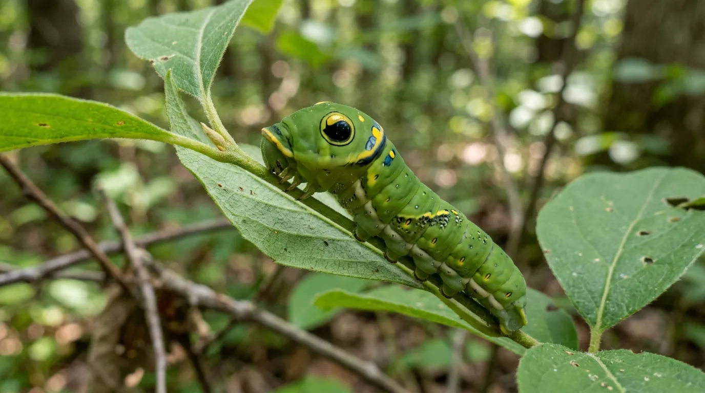 Spicebush swallowtail caterpillar with large false eyespots mimicking a snake head on a spicebush leaf