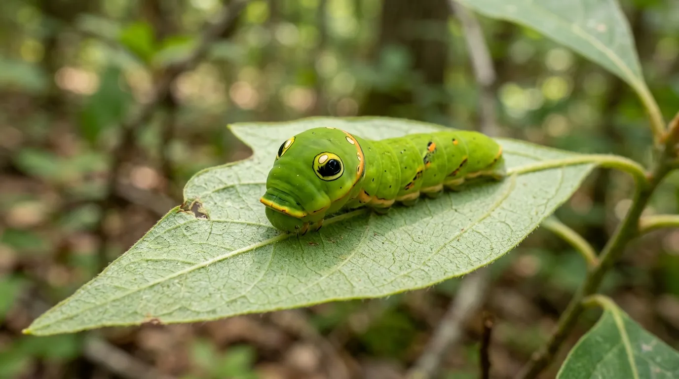 Late instar spicebush swallowtail caterpillar with green body and large false eyespots mimicking a snake head