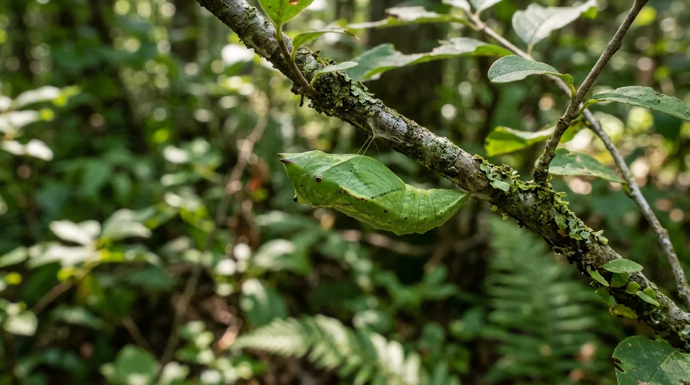Green and brown spicebush swallowtail chrysalises attached to twigs showing seasonal color polymorphism