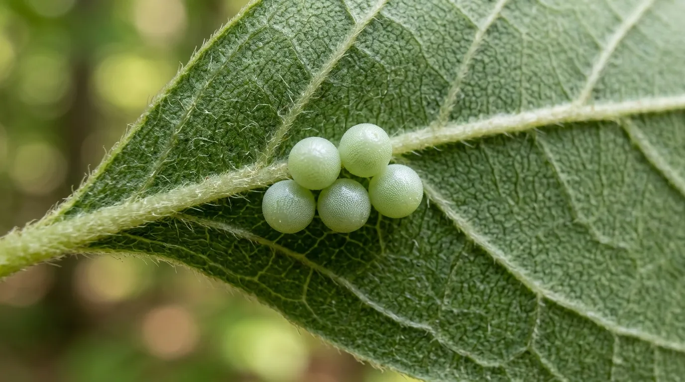 Pale green spicebush swallowtail eggs on the underside of a spicebush leaf showing smooth spherical shape