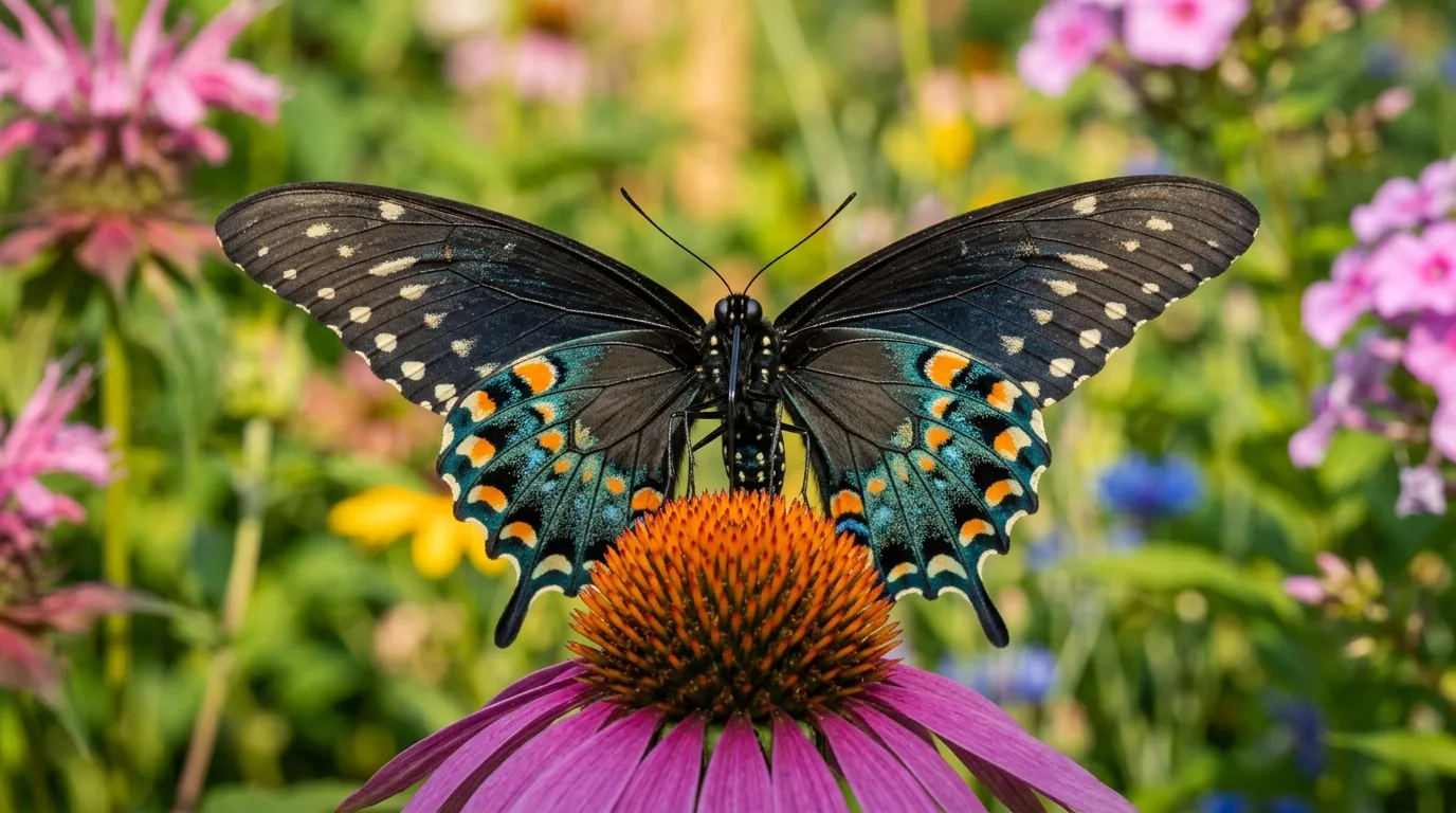 Spicebush swallowtail butterfly with blue-green hindwings nectaring on purple coneflower