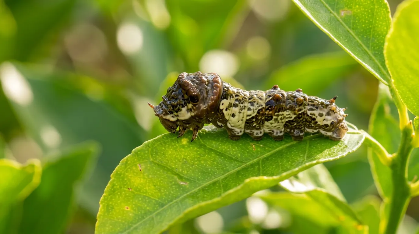 Western giant swallowtail caterpillar in bird-dropping mimicry stage on a citrus leaf