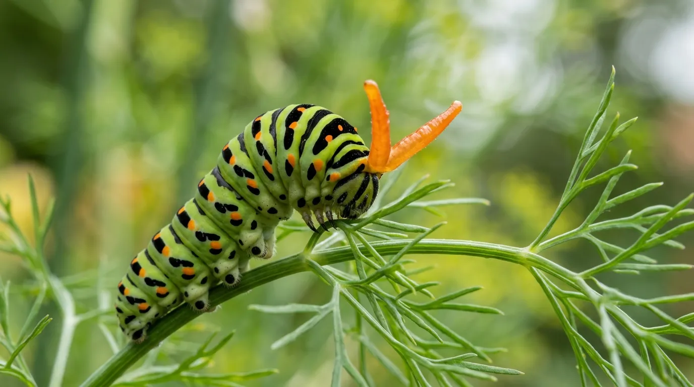 European swallowtail caterpillar displaying its bright orange forked osmeterium organ extended behind the head in a defensive posture