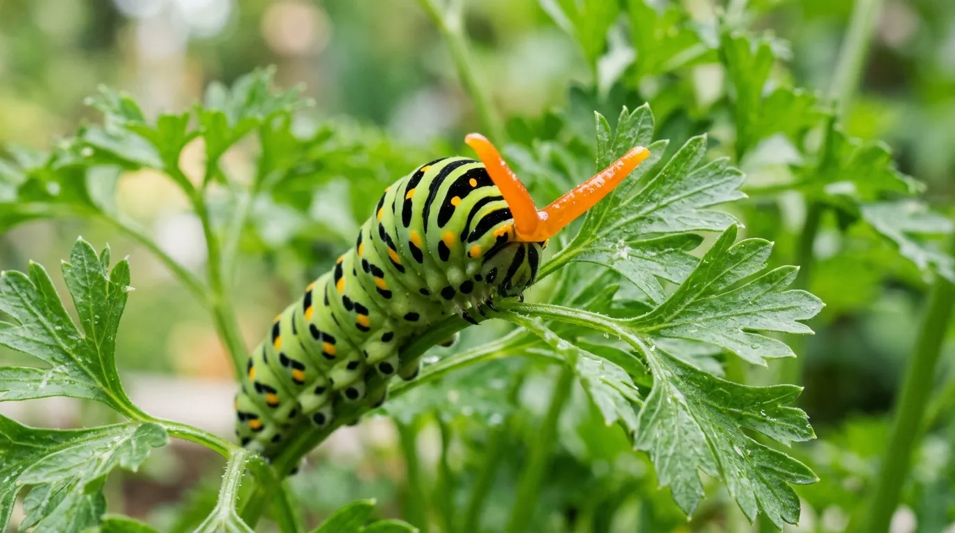 Swallowtail caterpillar extending orange osmeterium defense organ on parsley