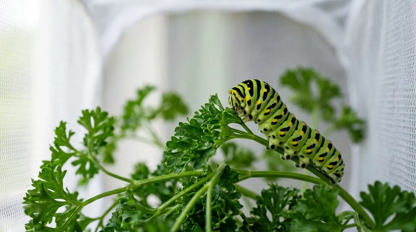 Black swallowtail caterpillar feeding on parsley inside a mesh rearing cage