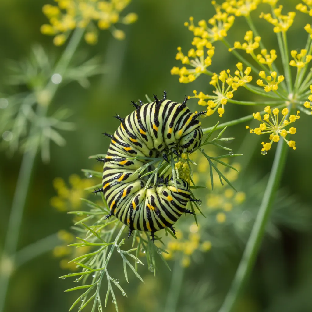 black swallowtail caterpillar on dill plant