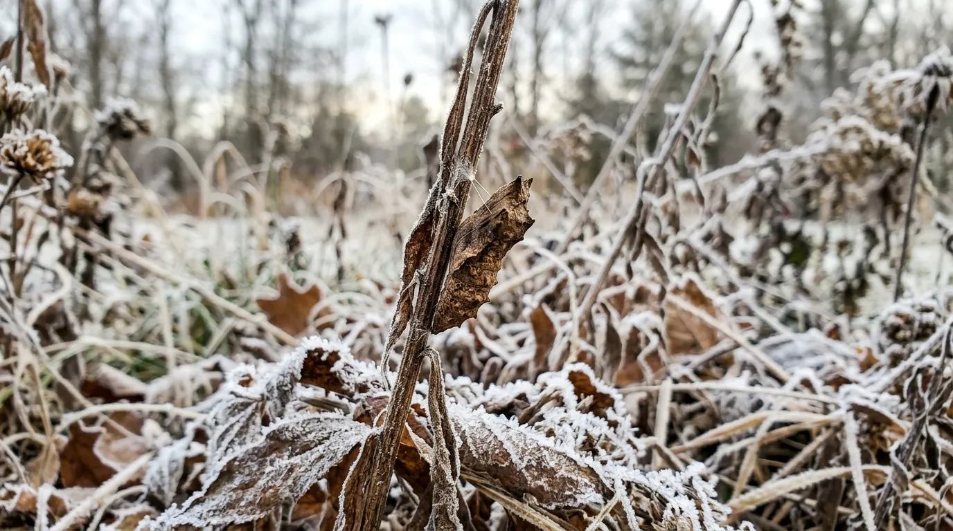 Brown swallowtail chrysalis attached to a dried plant stem in a winter garden with frost on surrounding dead vegetation