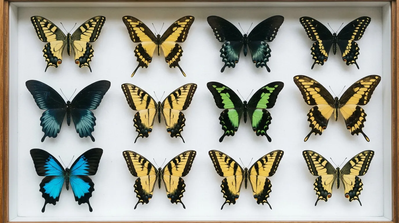 Collection display of swallowtail butterfly species from family Papilionidae
