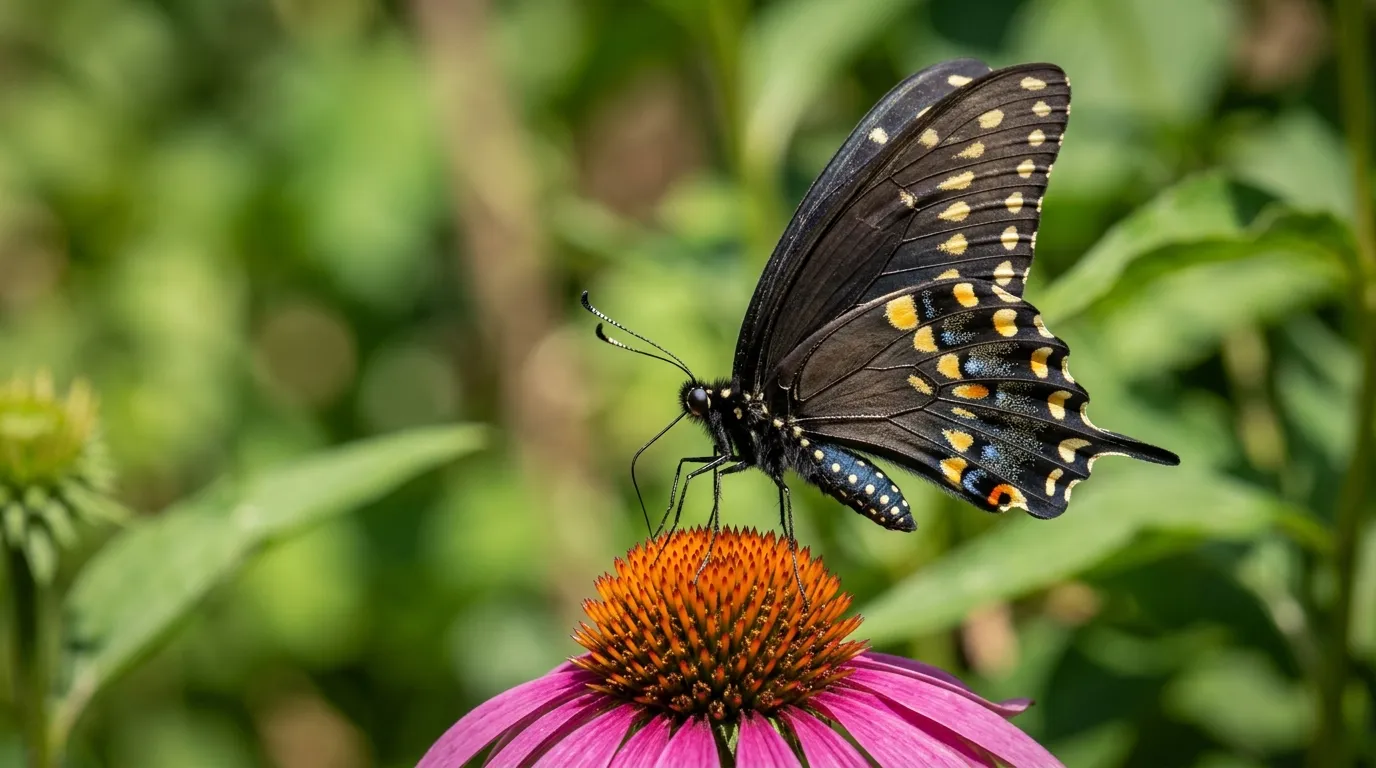 Black swallowtail butterfly on purple coneflower showing clubbed antennae typical of Papilionoidea