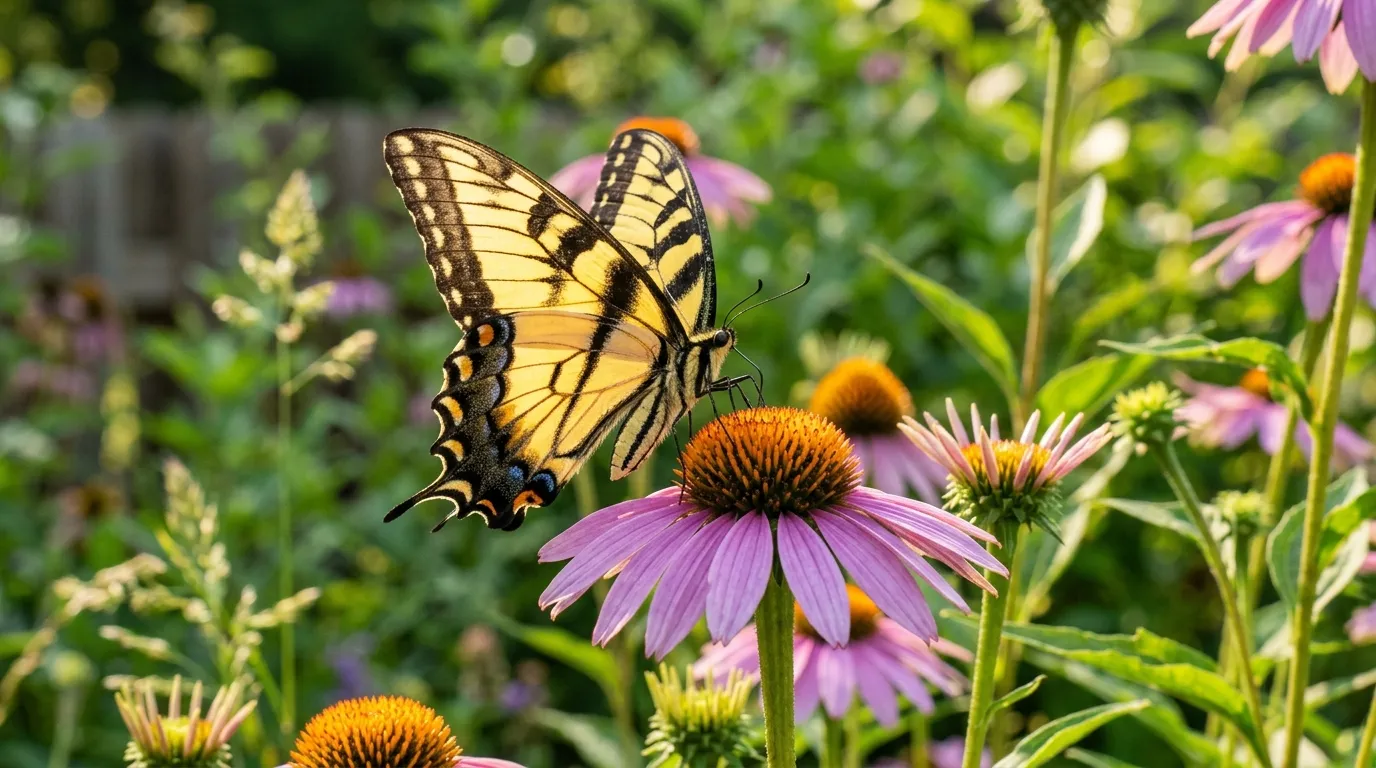 Freshly emerged tiger swallowtail butterfly being released in a sunny garden