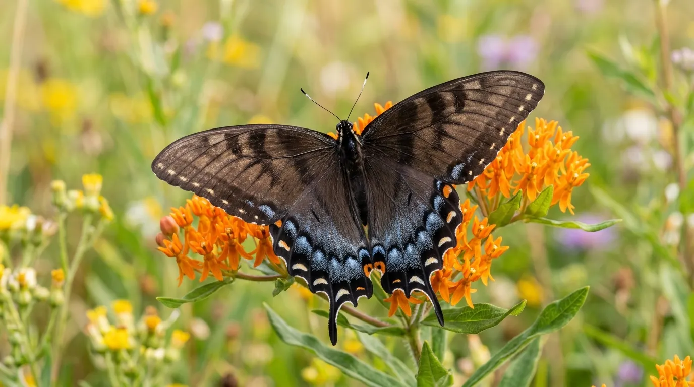 Dark morph female eastern tiger swallowtail showing faint shadow stripes and blue hindwing scaling