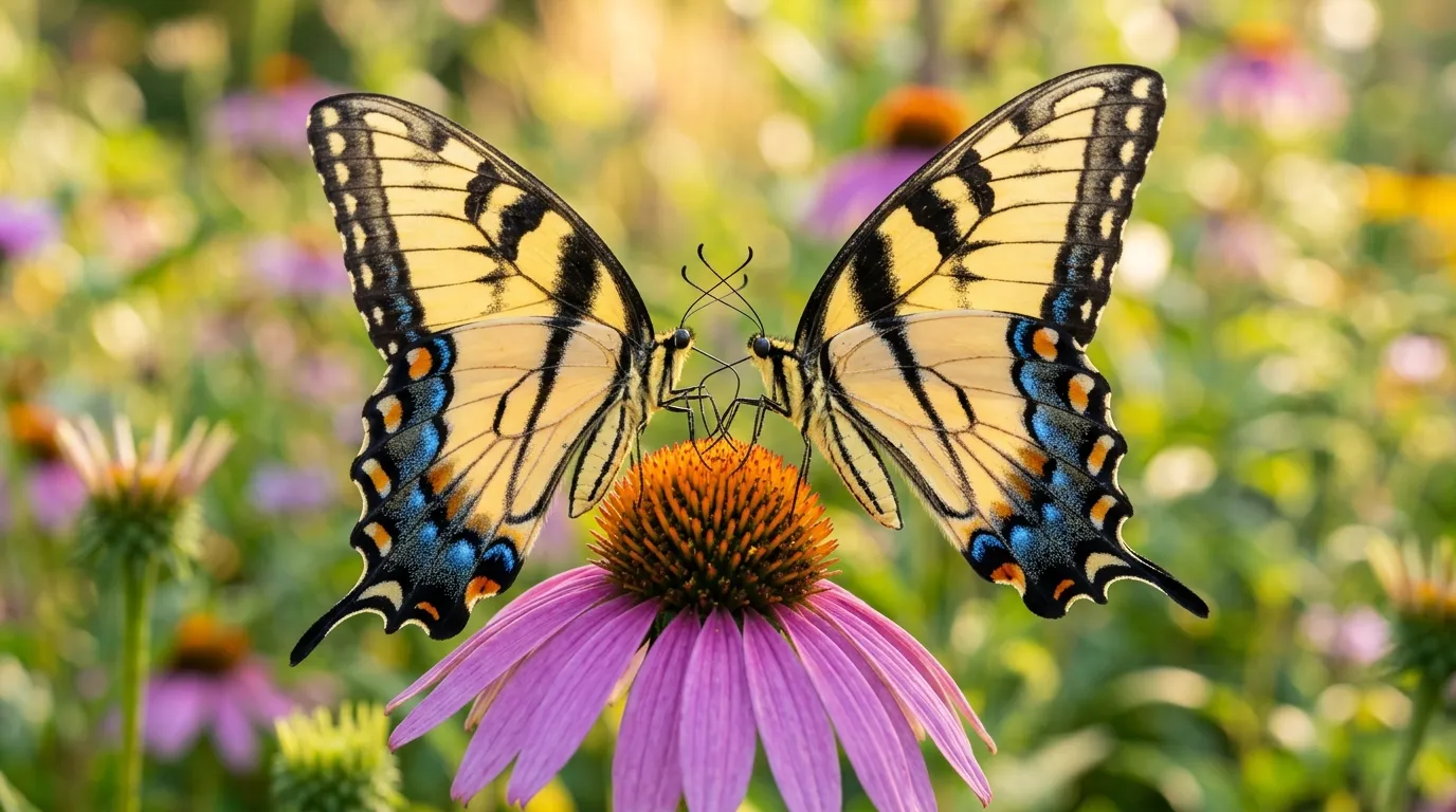 Yellow morph female eastern tiger swallowtail butterfly on purple coneflower showing blue hindwing scaling