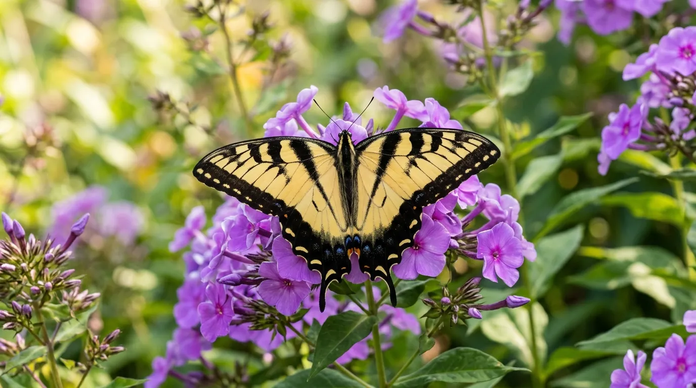 Eastern tiger swallowtail butterfly showing yellow and black stripes on purple phlox