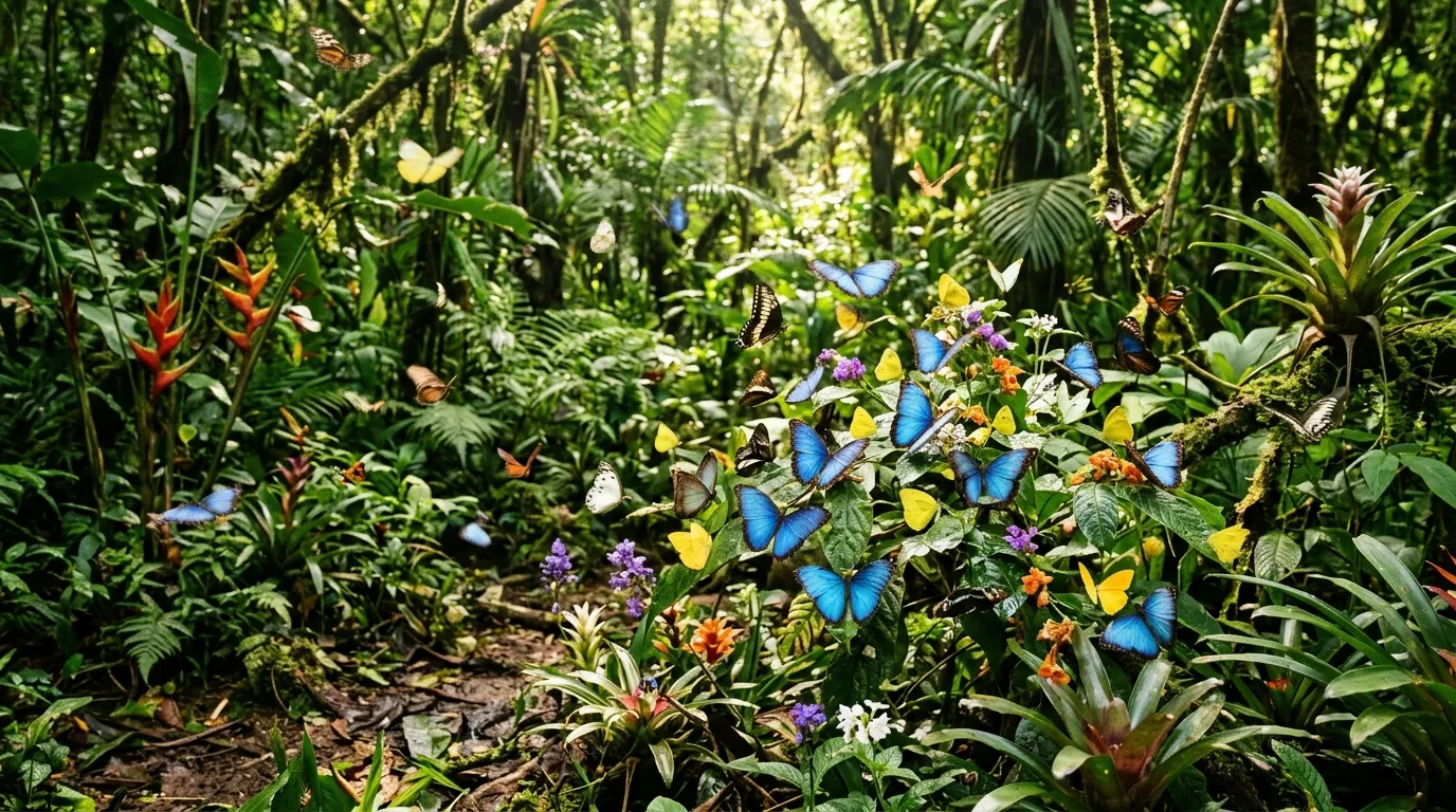 Colorful tropical butterflies gathered on wet sand along an Amazon rainforest riverbank with lush green foliage in background