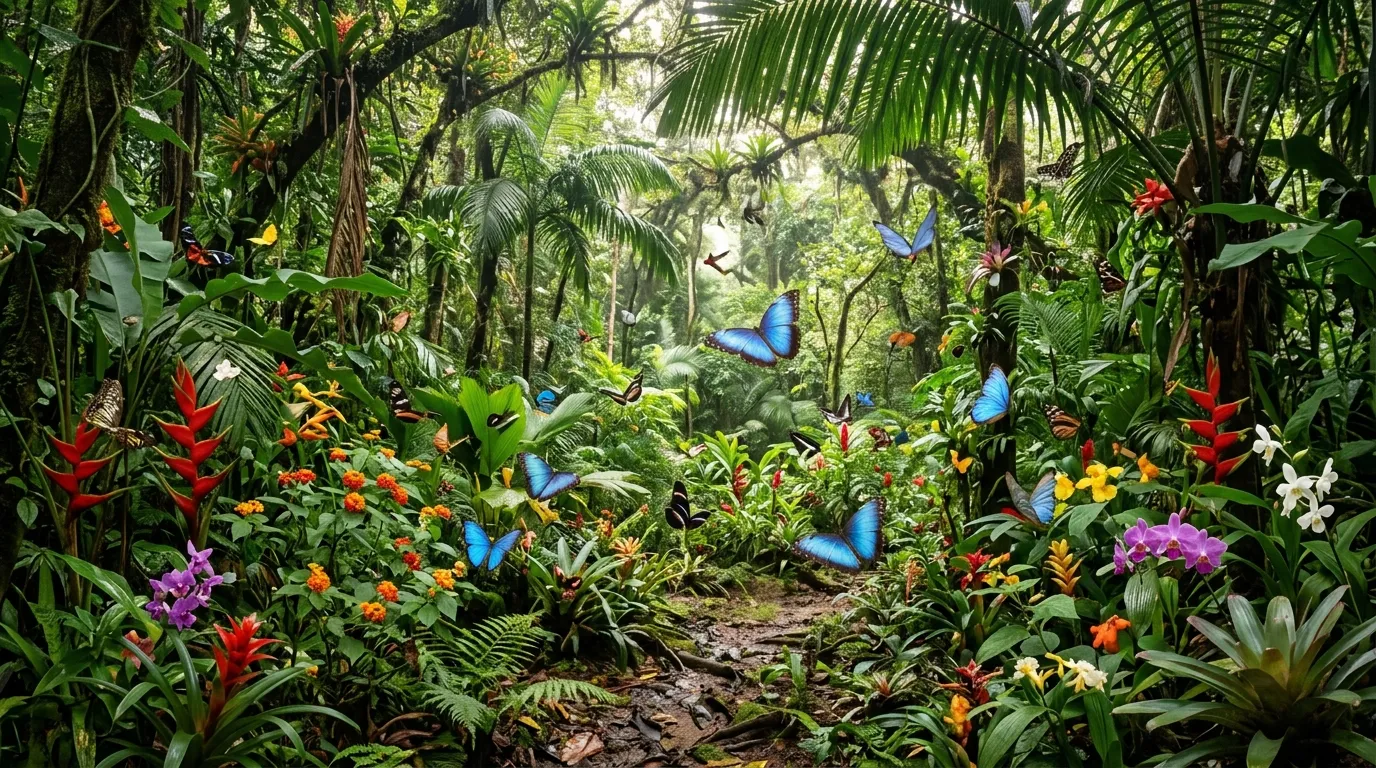 Colorful butterflies flying among lush green tropical rainforest vegetation with sunlight filtering through the canopy