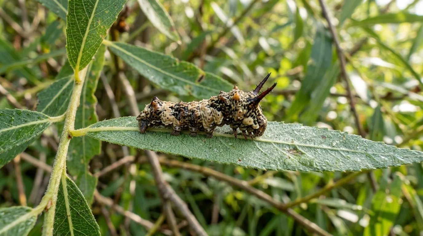 Viceroy butterfly caterpillar on willow leaf showing bird-dropping camouflage pattern