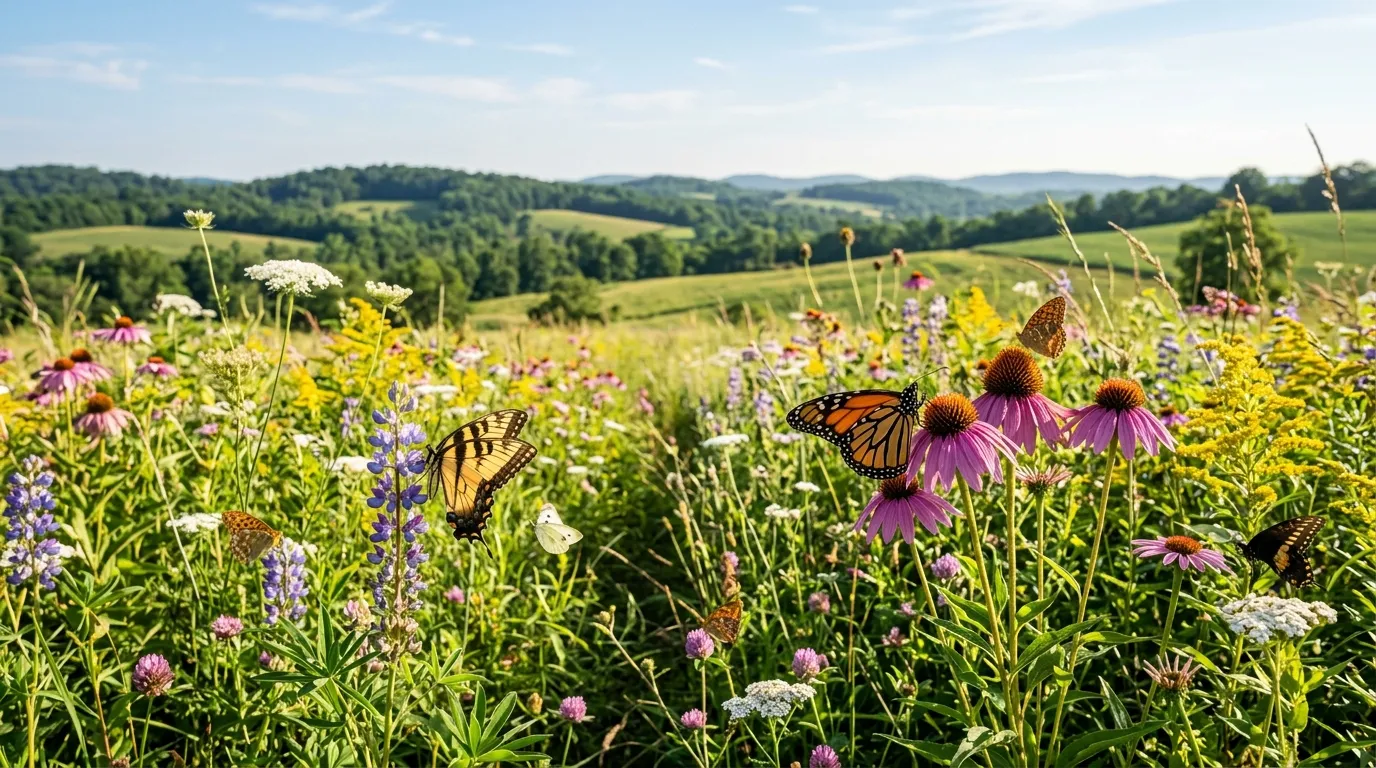Butterflies nectaring in a temperate wildflower meadow