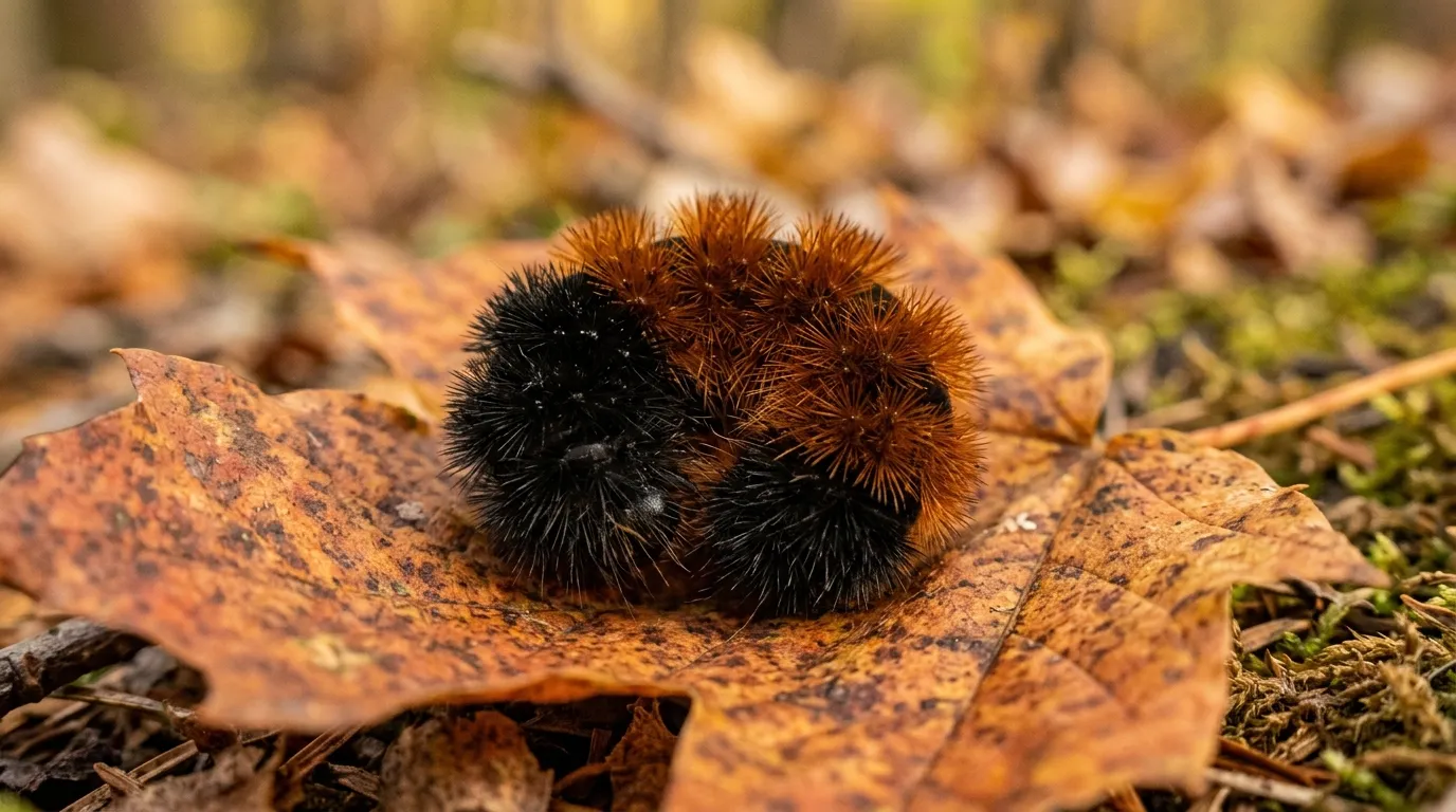 Banded woolly bear caterpillar with black and rusty-brown segments on an autumn leaf