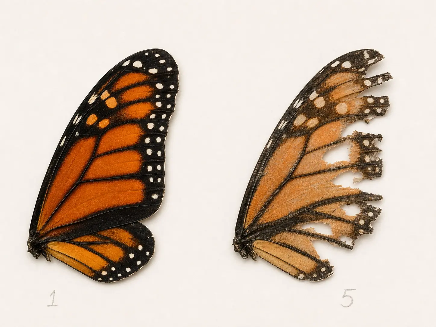 Side by side comparison of a fresh monarch butterfly wing scoring 1 and a worn monarch wing scoring 5 with tears and scale loss