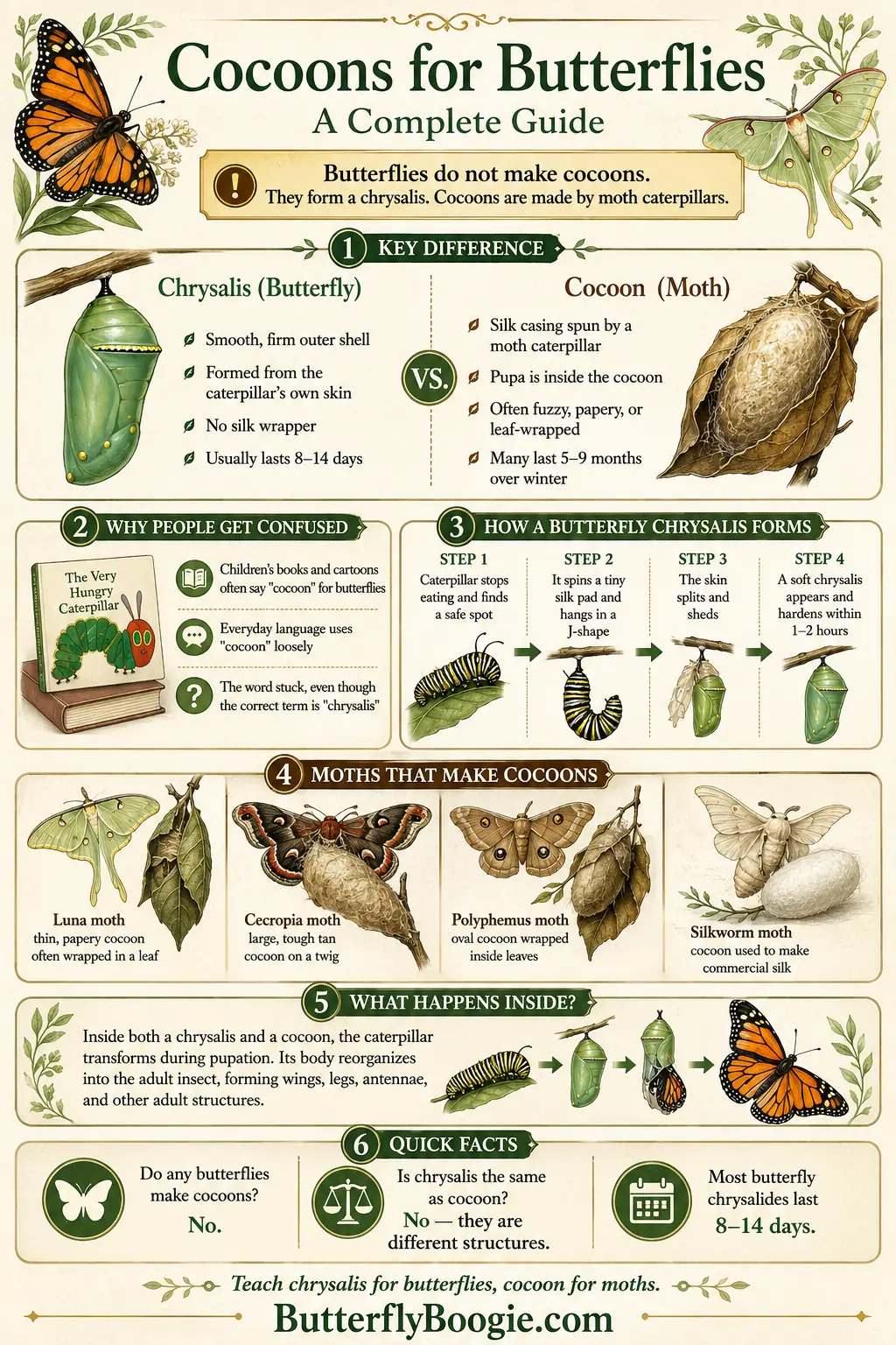 Cocoons for Butterflies infographic showing chrysalis versus cocoon differences, the four steps of butterfly chrysalis formation, four moth species that make cocoons, and key facts