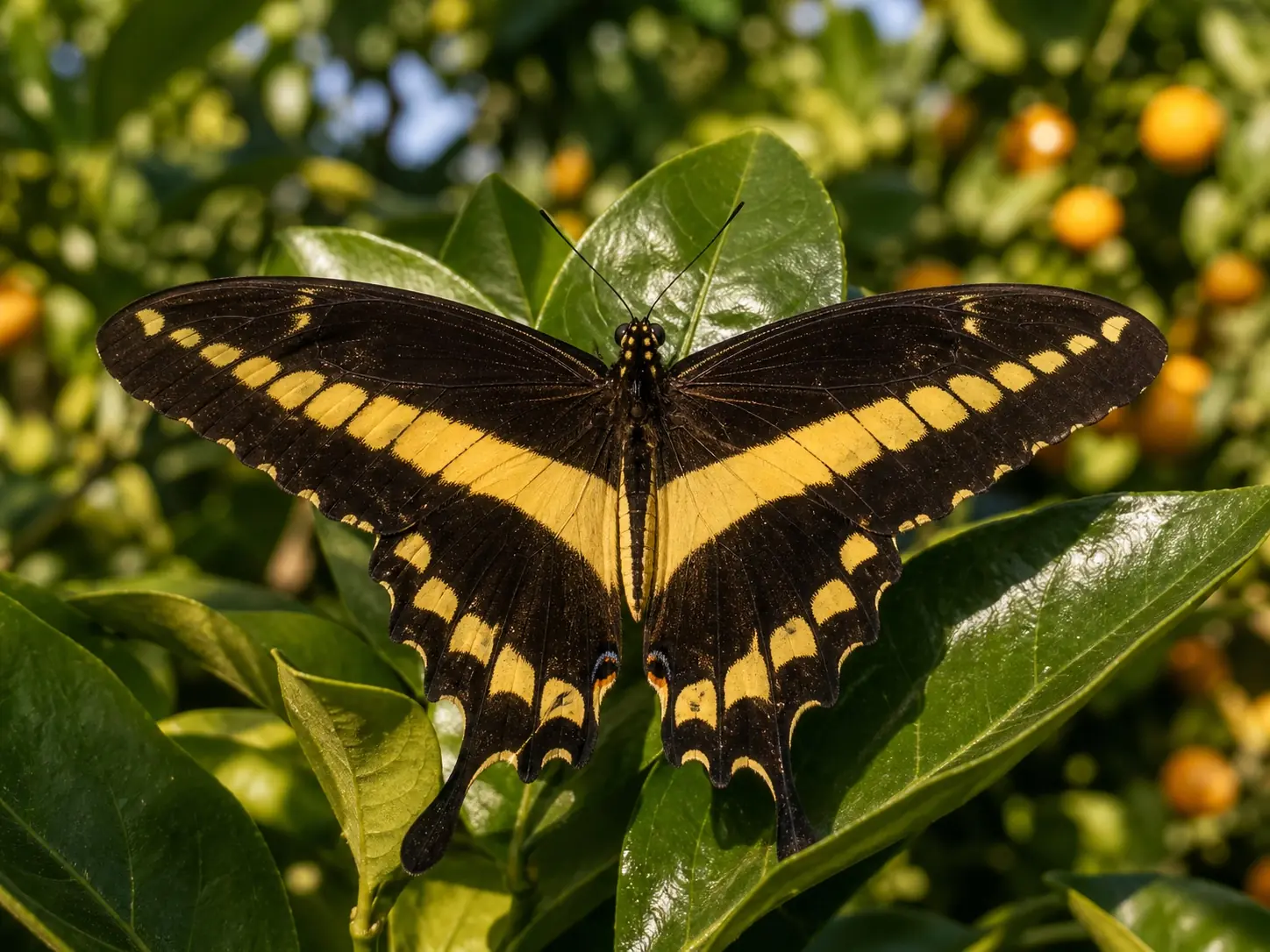 Giant swallowtail Papilio cresphontes showing massive five-inch wingspan with diagonal yellow bands across dark brown wings perched on a citrus leaf