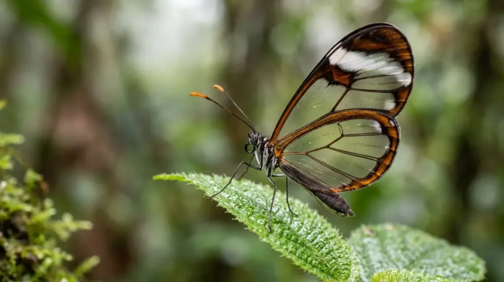 Glasswing butterfly with transparent wings resting on a green leaf in cloud forest