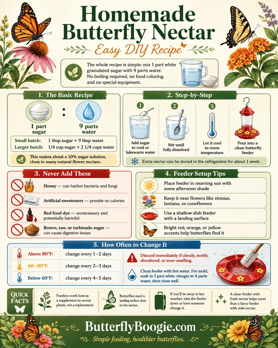Homemade butterfly nectar recipe infographic showing 1 to 9 sugar water ratio, step-by-step instructions, what not to add, feeder setup tips, and how often to change