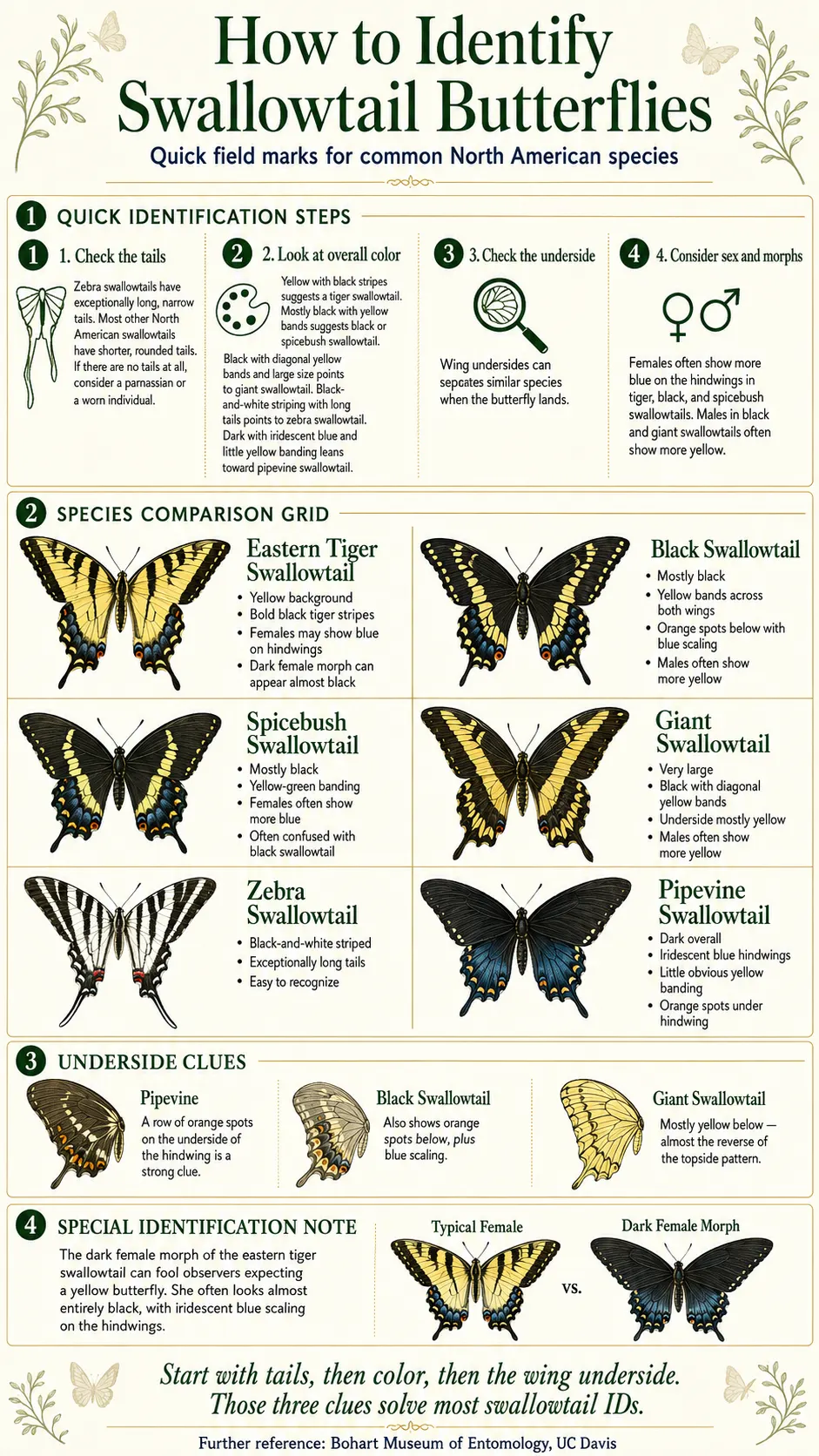How to identify swallowtail butterflies infographic with field marks for eastern tiger, black, spicebush, giant, zebra, and pipevine swallowtails plus underside clues