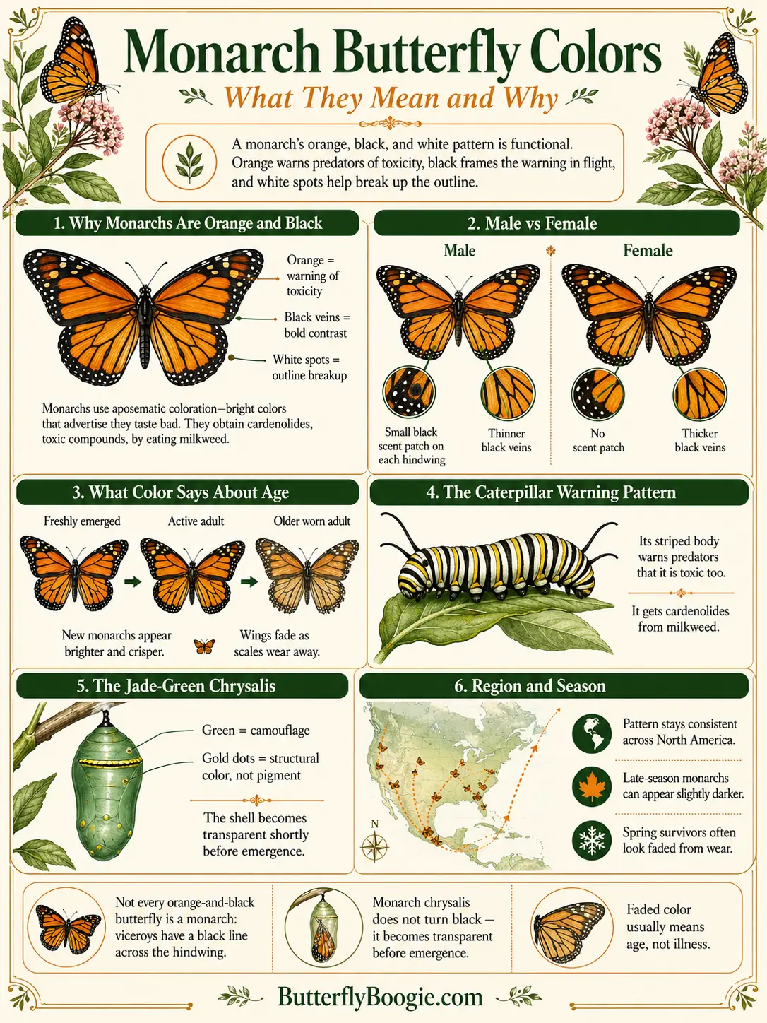 Monarch butterfly colors infographic explaining why monarchs are orange and black, male versus female differences, what color says about age, caterpillar warning pattern, jade-green chrysalis, and regional variation