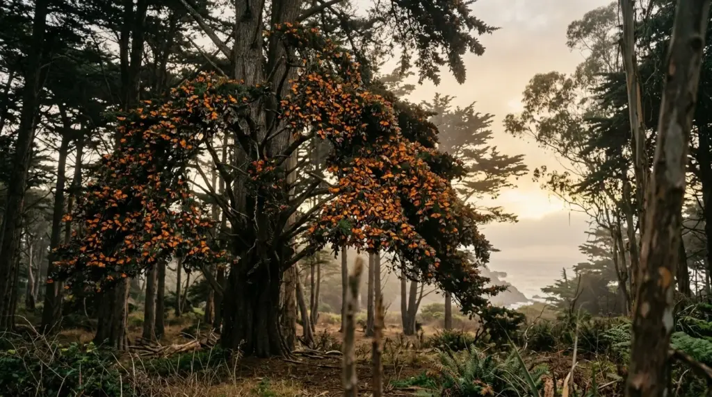 Thousands of monarch butterflies clustered on Monterey cypress branches in California overwintering grove