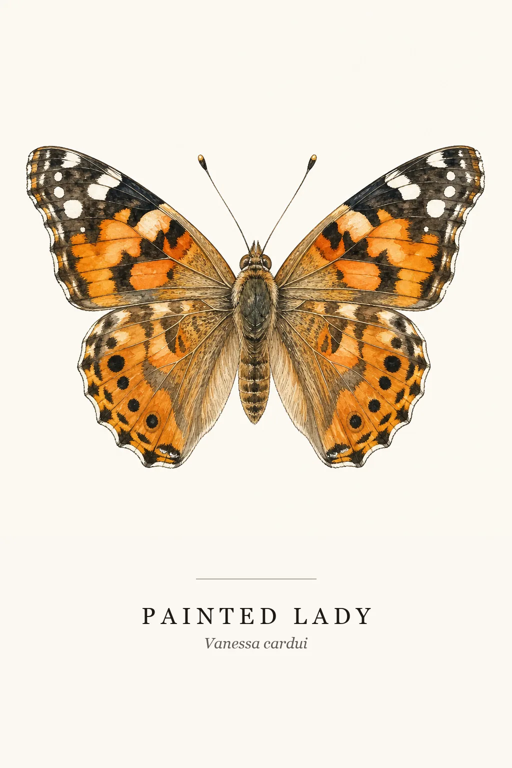 Painted Lady (Vanessa cardui) watercolor butterfly art print on warm ivory background