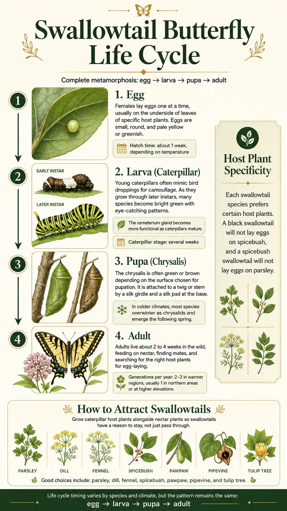 Swallowtail butterfly life cycle infographic showing egg, larva, pupa, and adult stages with hatch times, host plant specificity, and how to attract swallowtails