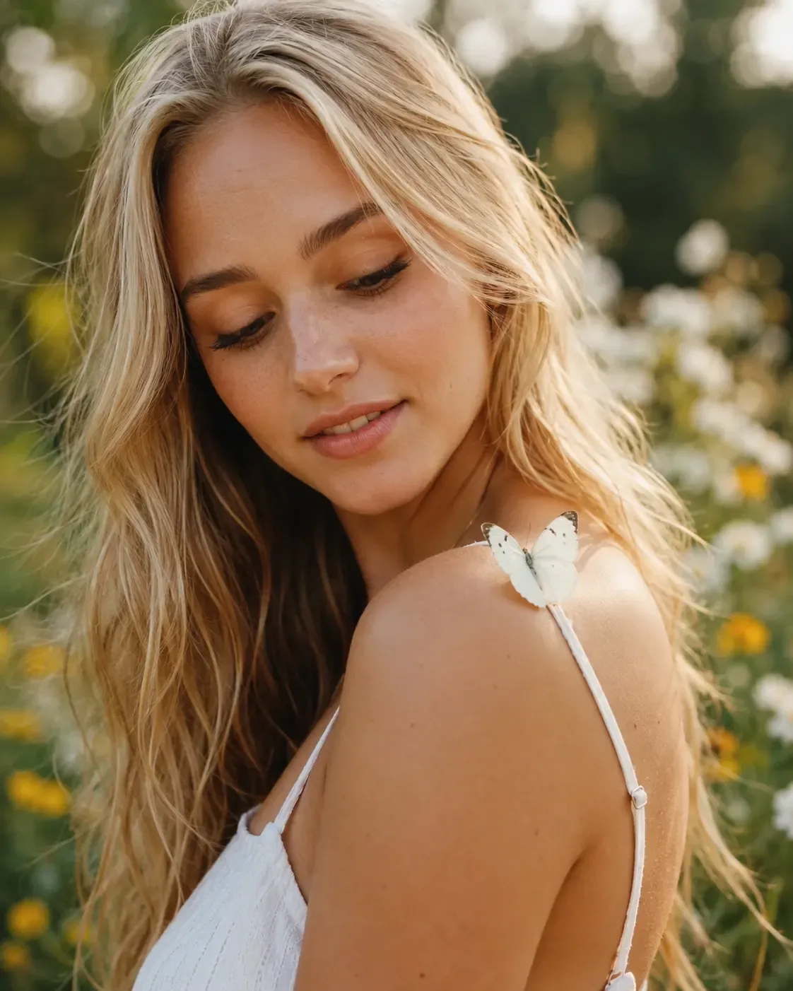 Young woman in white sundress with a white cabbage butterfly resting on her shoulder in a summer wildflower meadow at golden hour