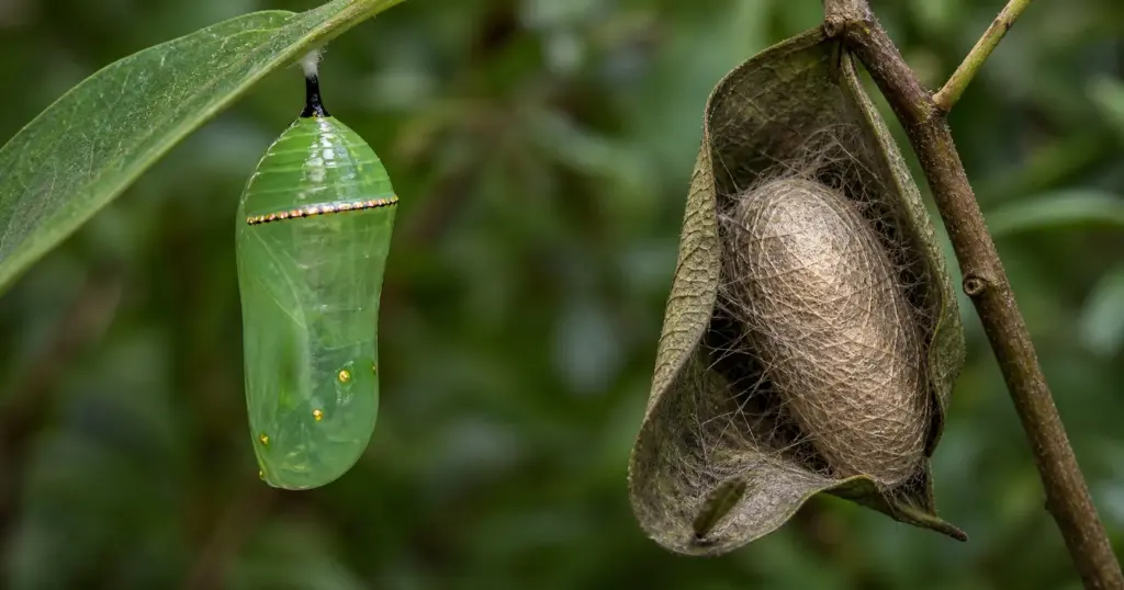 Side-by-side comparison of a monarch butterfly chrysalis and a luna moth cocoon hanging on natural branches
