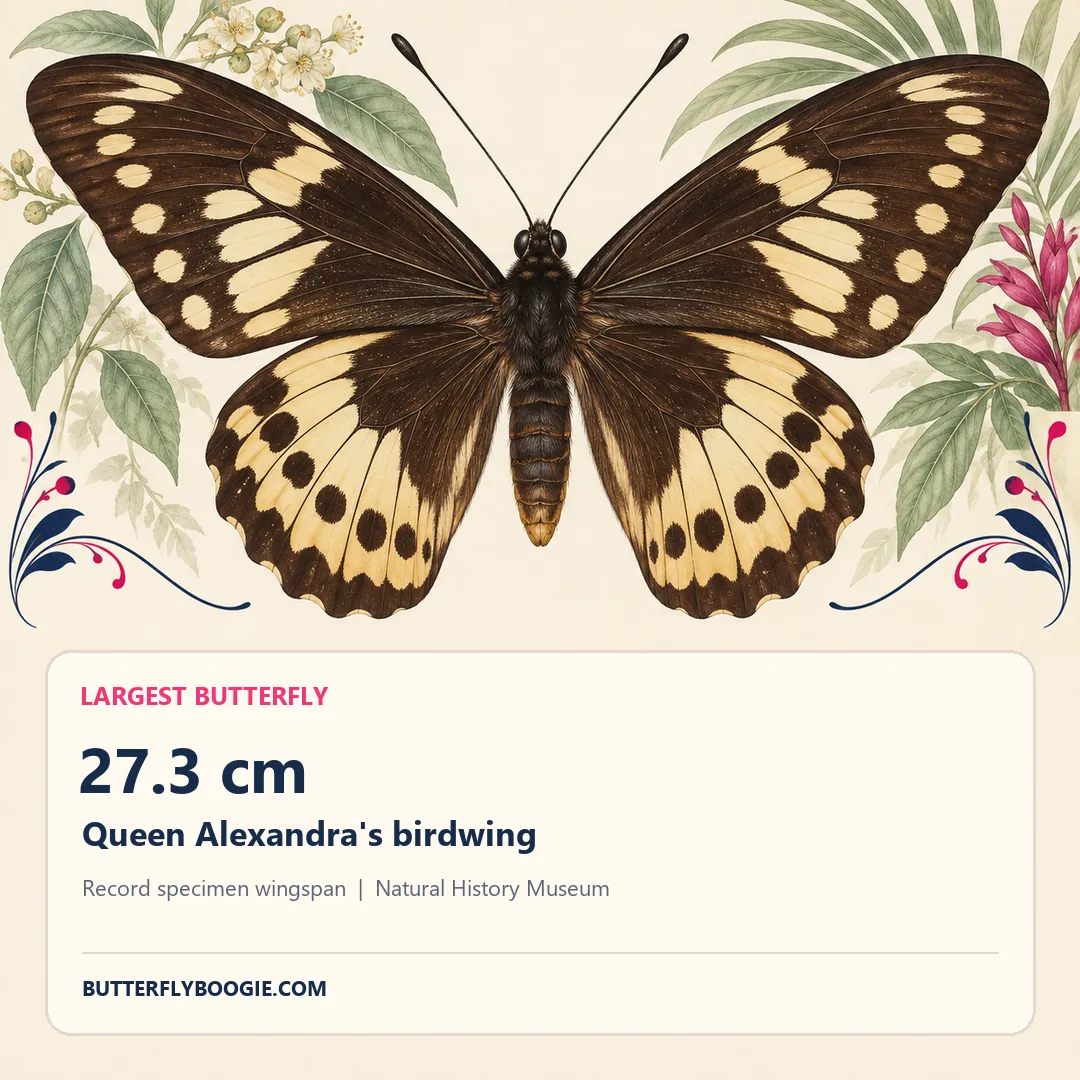 Illustrated female Queen Alexandra's birdwing record card showing a 27.3 centimeter specimen wingspan
