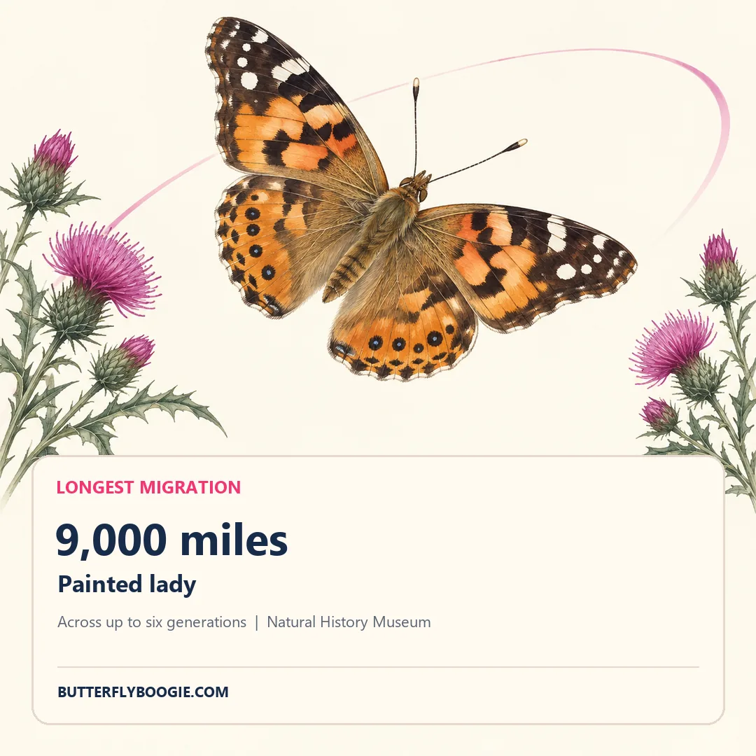Painted lady butterfly migration card showing a 9,000 mile journey across up to six generations