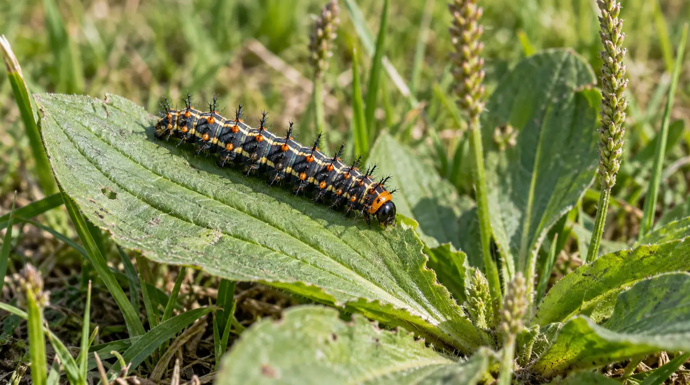 Spiny common buckeye caterpillar feeding on a broadleaf plantain leaf in a meadow