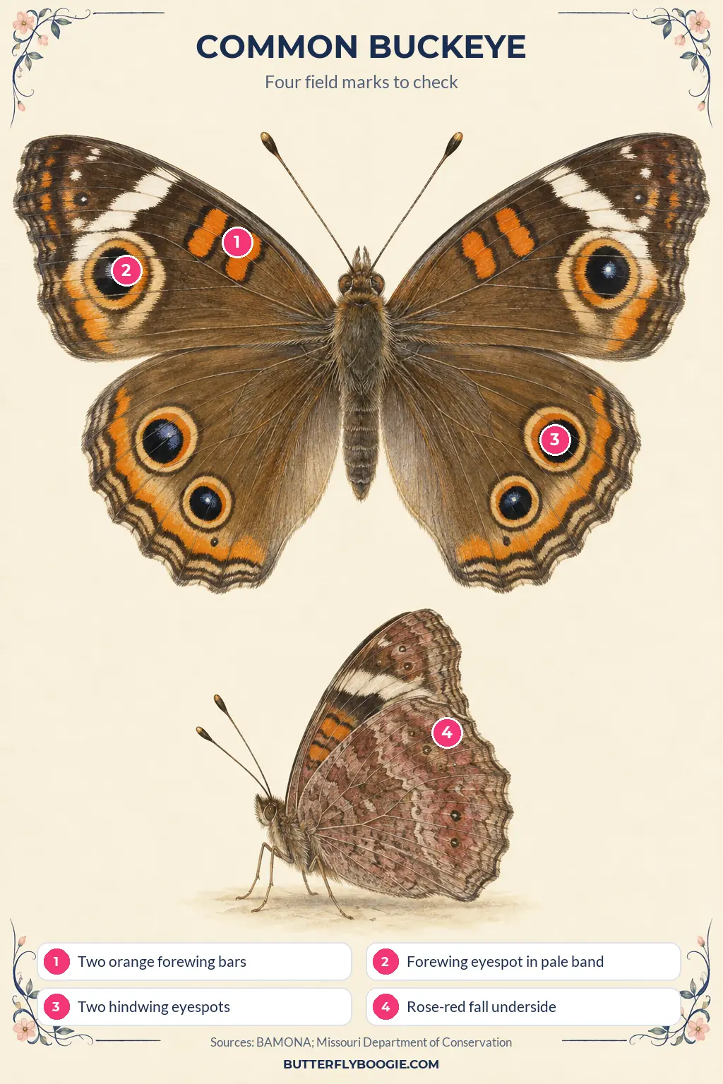 Common buckeye identification graphic marking orange forewing bars, the forewing eyespot in its pale band, hindwing eyespots and the rose-red fall underside