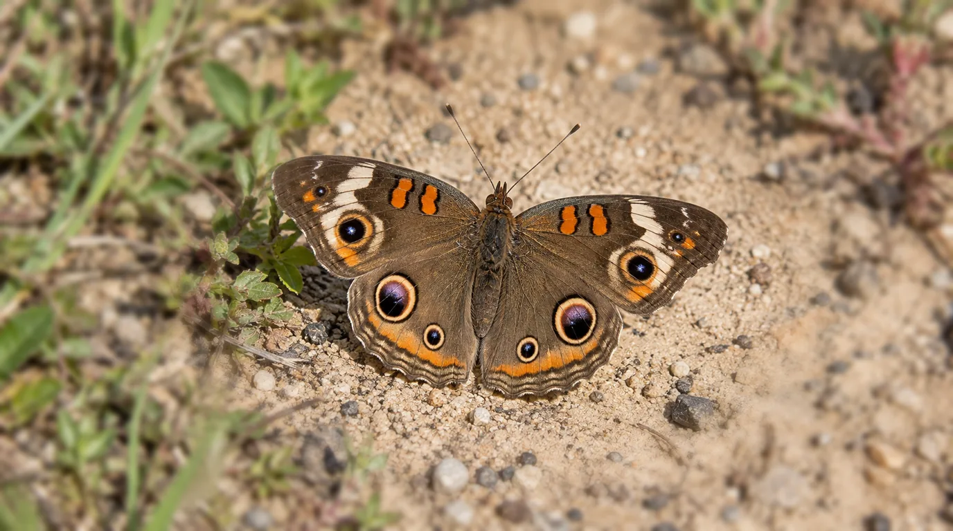 Male common buckeye perched on bare sandy ground with wings spread