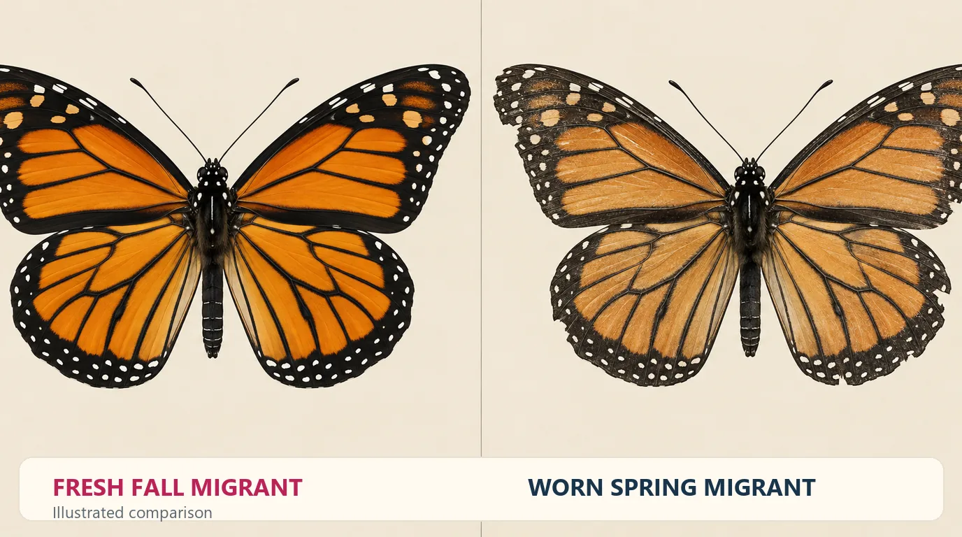 Illustrated comparison of a fresh orange fall monarch and a faded, tattered spring migrant