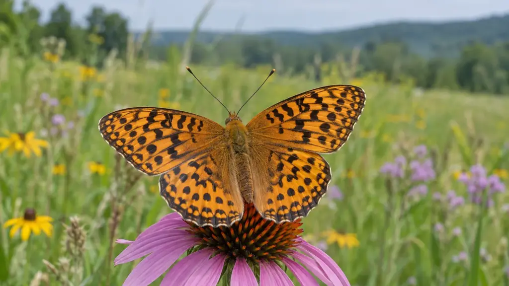 Great spangled fritillary on a purple coneflower with its orange and black wings open