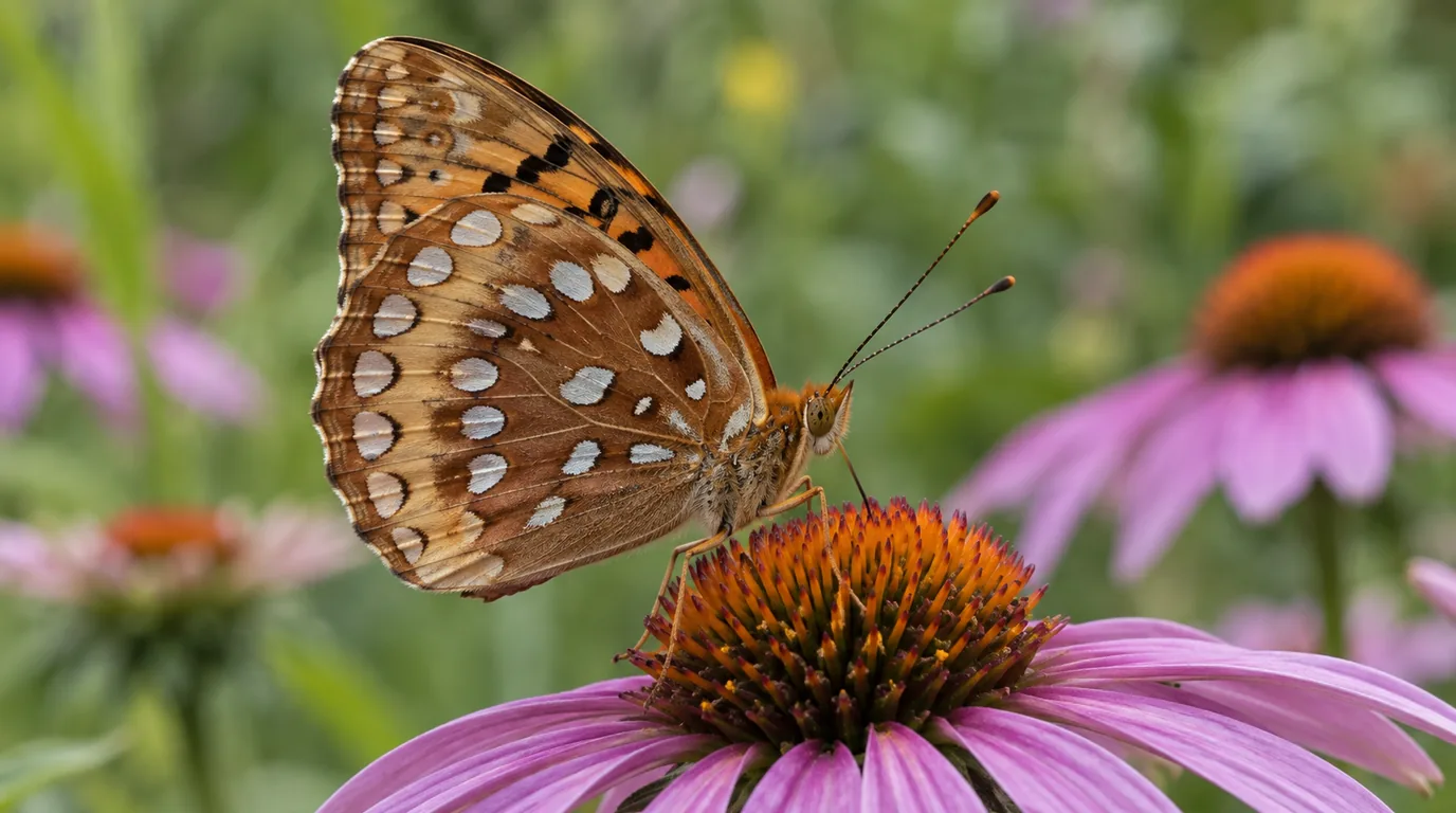 Great spangled fritillary underside showing silver hindwing spots and a broad pale band