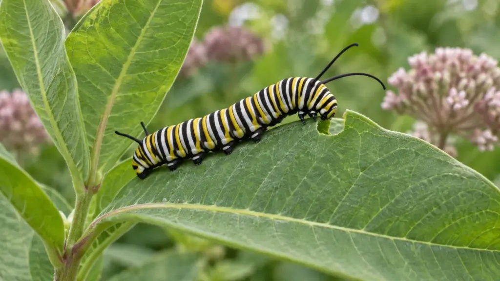Large striped monarch caterpillar eating the edge of a common milkweed leaf