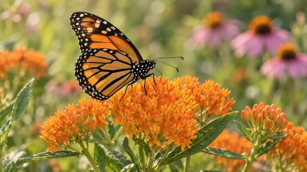 Monarch butterfly feeding on orange butterfly weed flowers in a summer garden