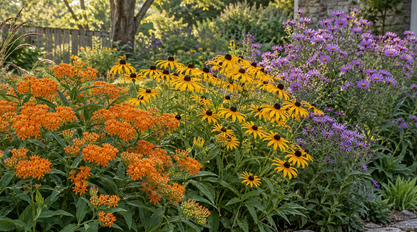 Clumps of orange butterfly weed, yellow black-eyed Susans and purple asters in a butterfly garden