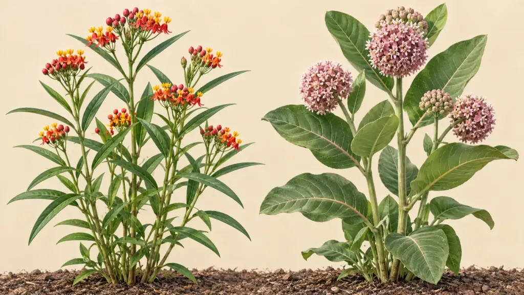 Illustrated tropical milkweed with red and yellow flowers beside native common milkweed with pink flower clusters